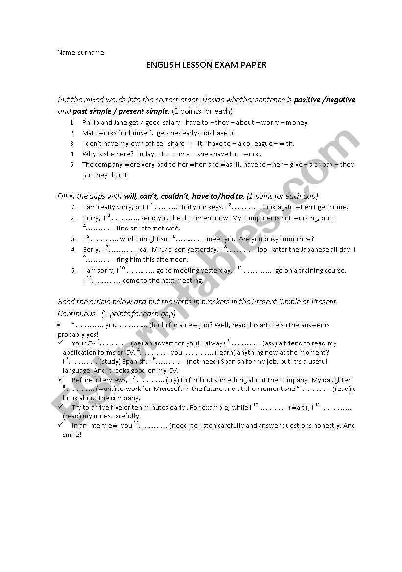 exam paper (simple past, past modals, reading)