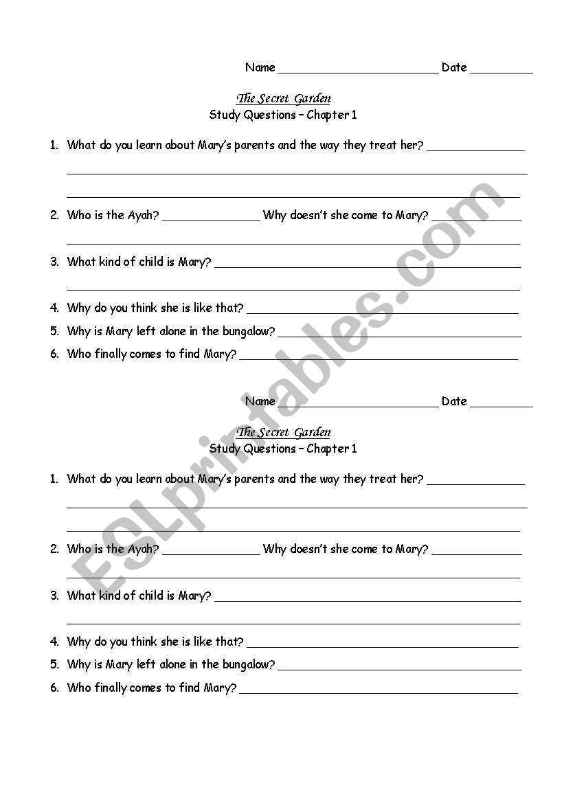 English Worksheets The Secret Garden Chapter 1