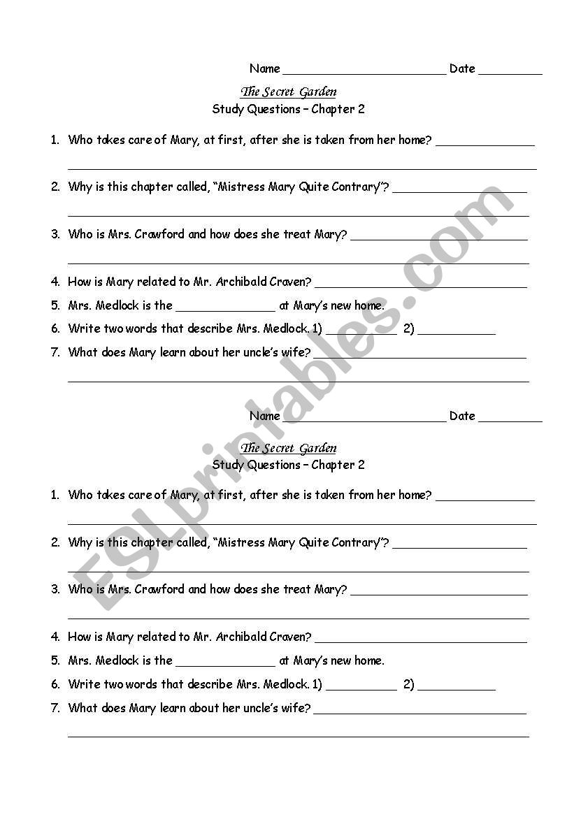 Secret Garden CH2 worksheet