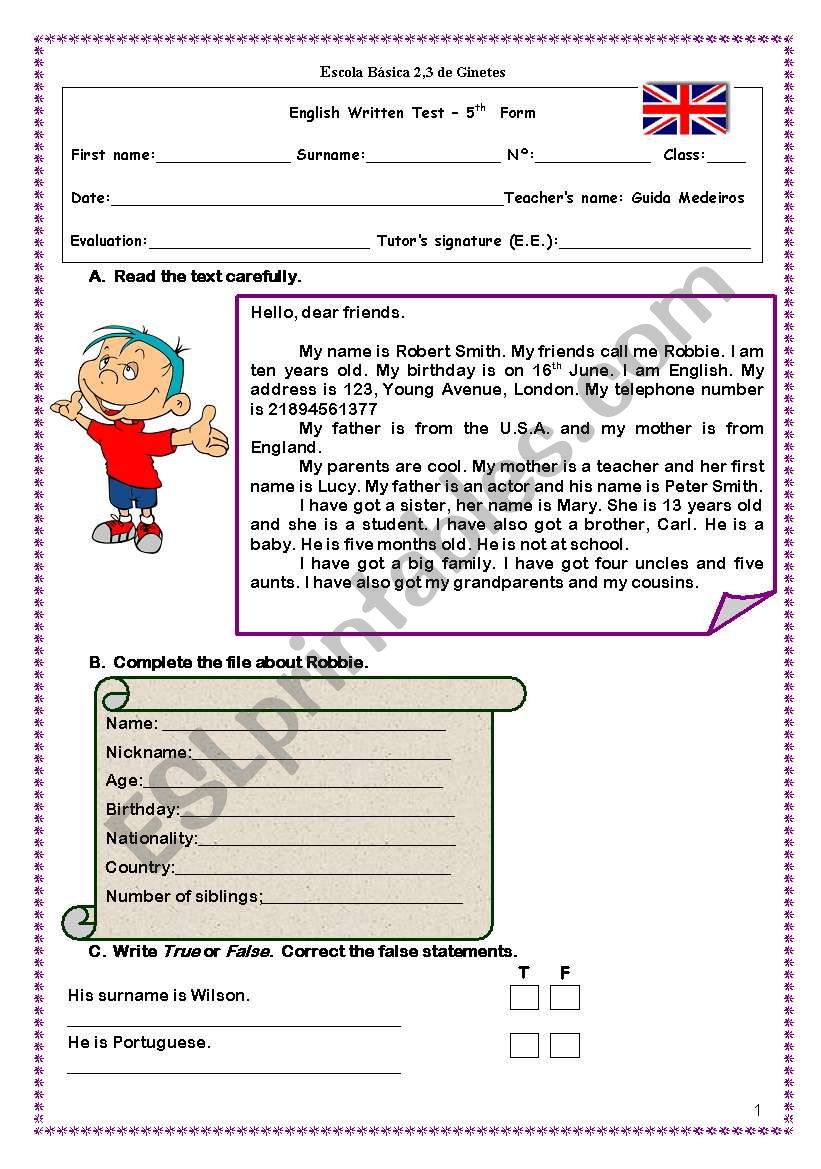 Written Test ( Personal identification, family tree,  verb to have got, countries, nationalities and colours)