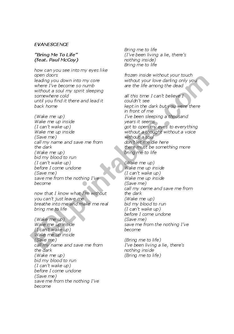 Evanescence Bring Me To Life Esl Worksheet By Littlegirl42 Evanescence stun the internet with another new exciting song titled better without you and is right here for your fast download. evanescence bring me to life esl