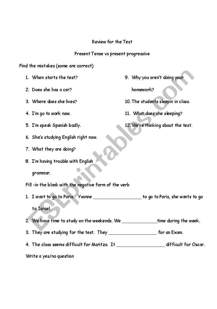 simple present and present progressive Test review