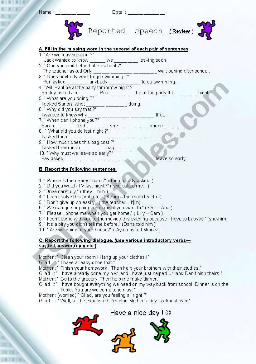 Reported Speech worksheet