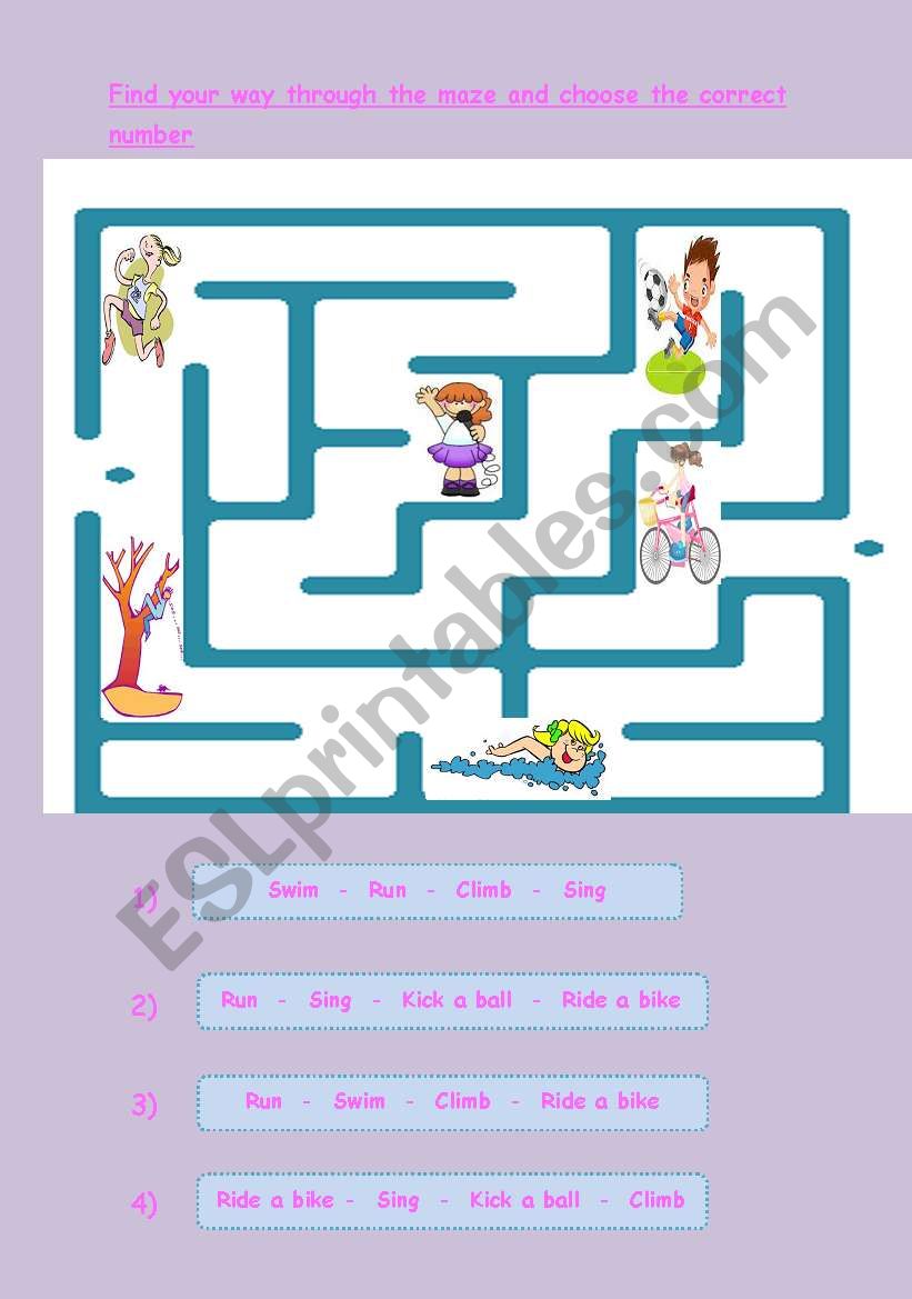 action verbs maze and prepositions of place