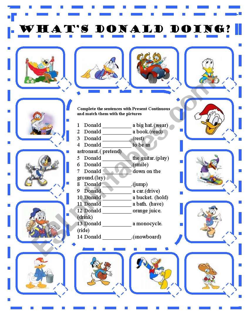 WHATS DONALD DOING? A PRESENT CONTINUOUS WORKSHEET - EDITABLE