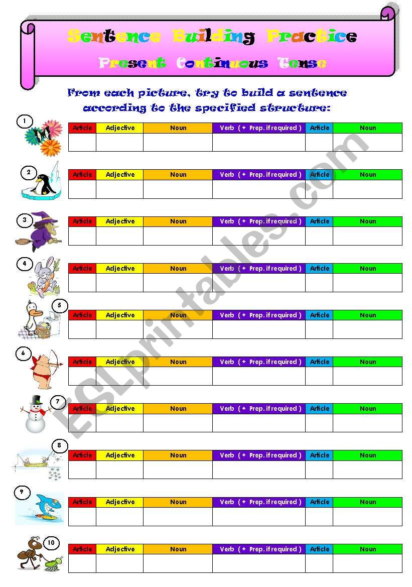 Present Continuous Tense - Sentence Building Practice 