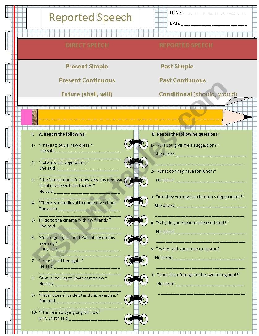 Reported Speech worksheet