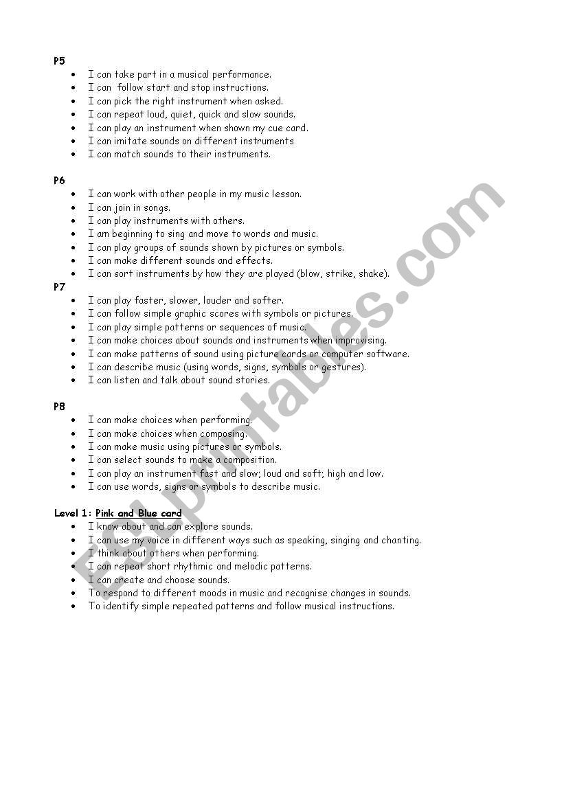 Assessment opportunties P scale and NC level Music