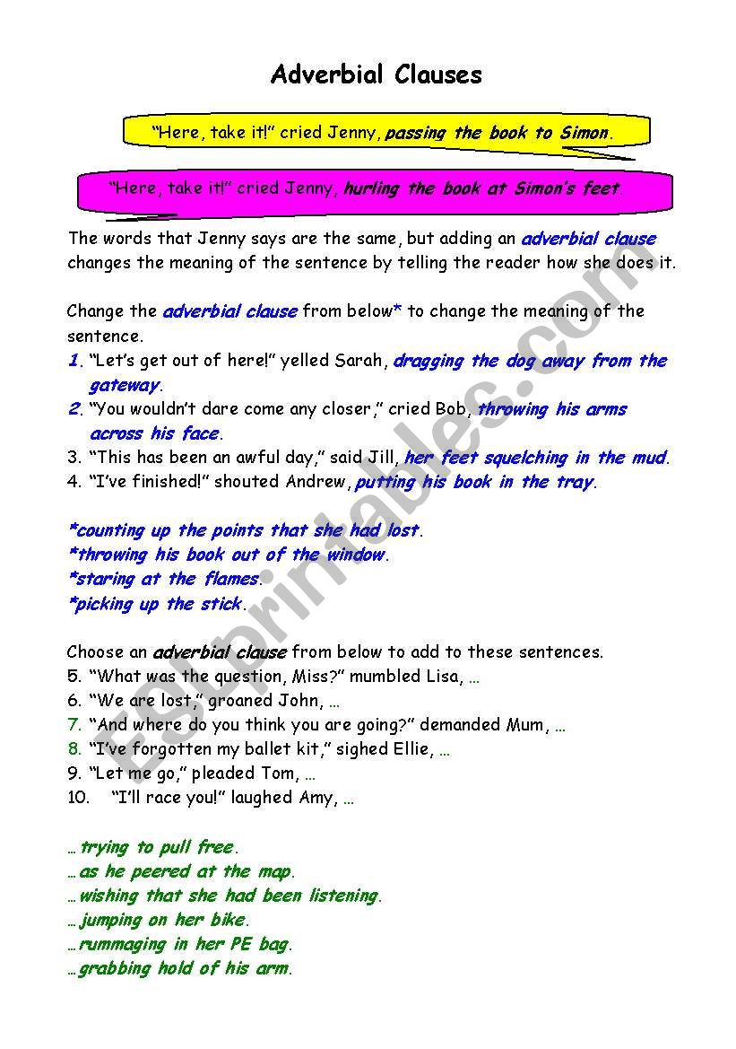 Adverbial Worksheets With Answers