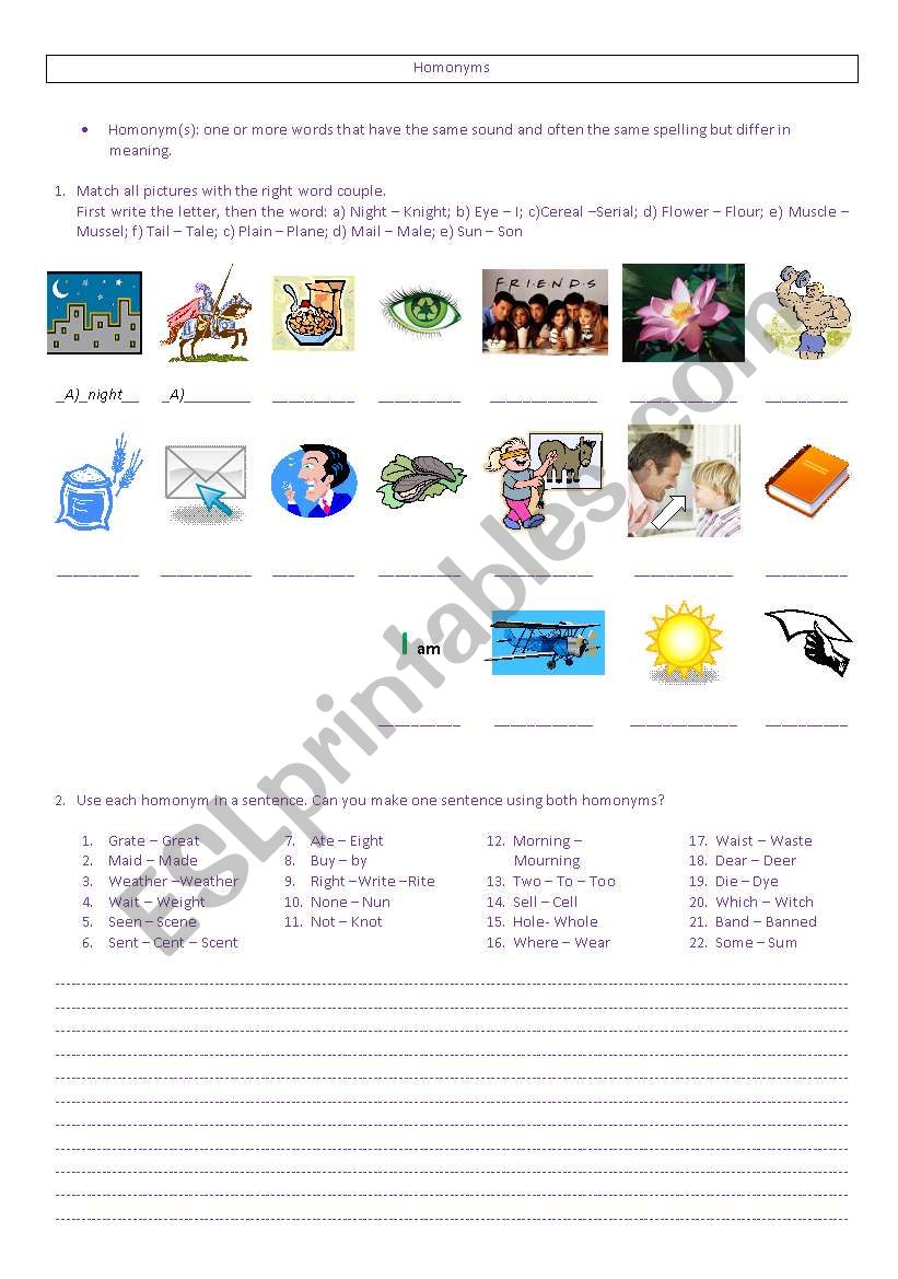 Homonyms worksheet