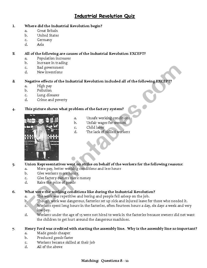 Industrial Revolution Quiz worksheet