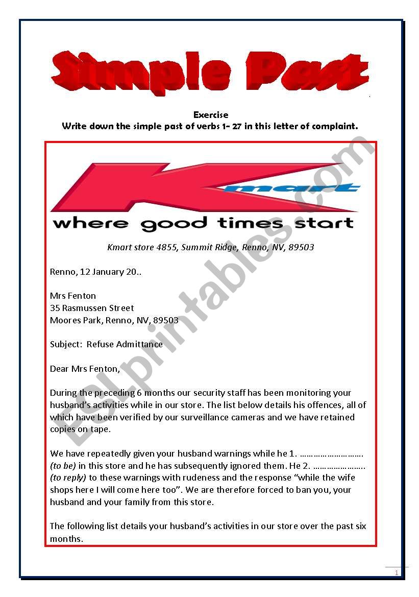 Letter of complaint,  Kmart - simple past