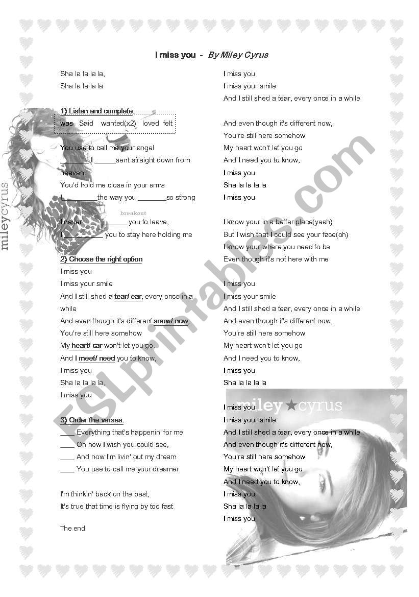 Miley Cyrus I miss you worksheet