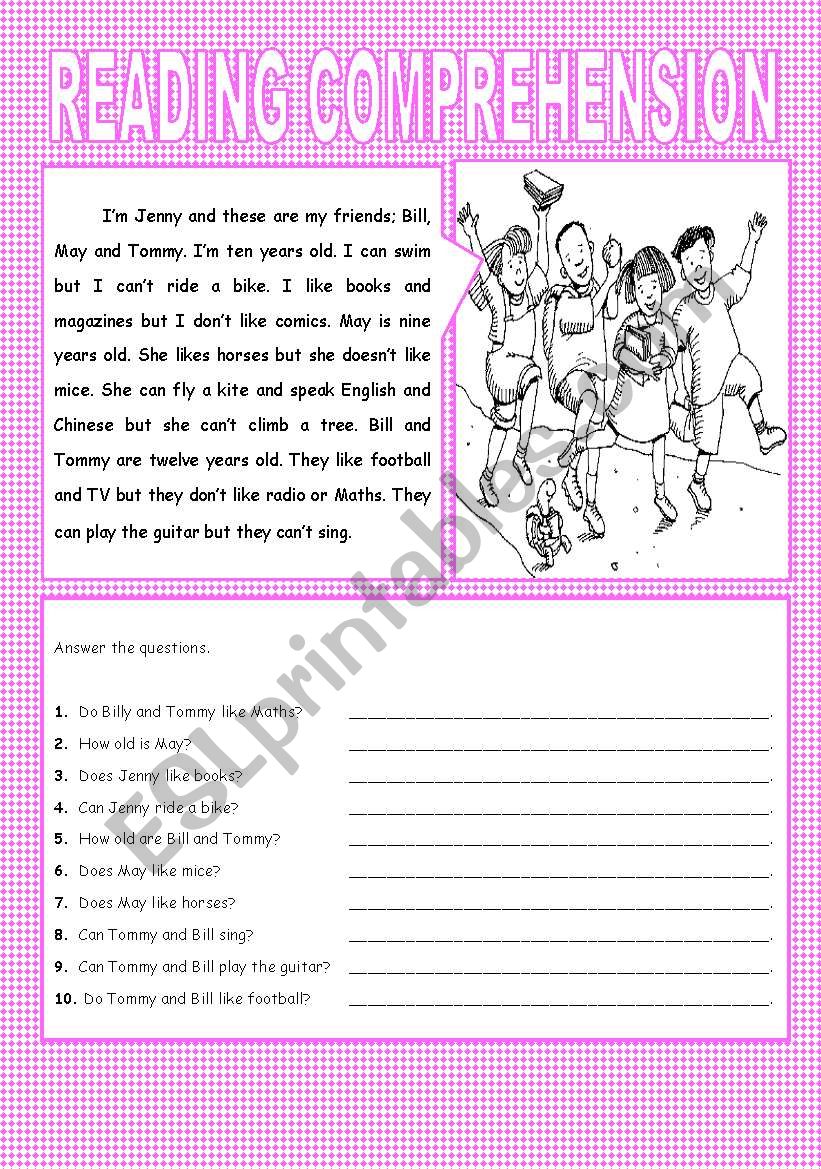 an esl reading comprehension  worksheet