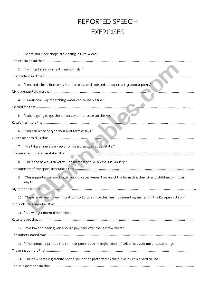 reported speech worksheet