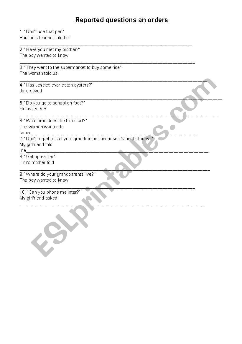 reported questions and orders worksheet