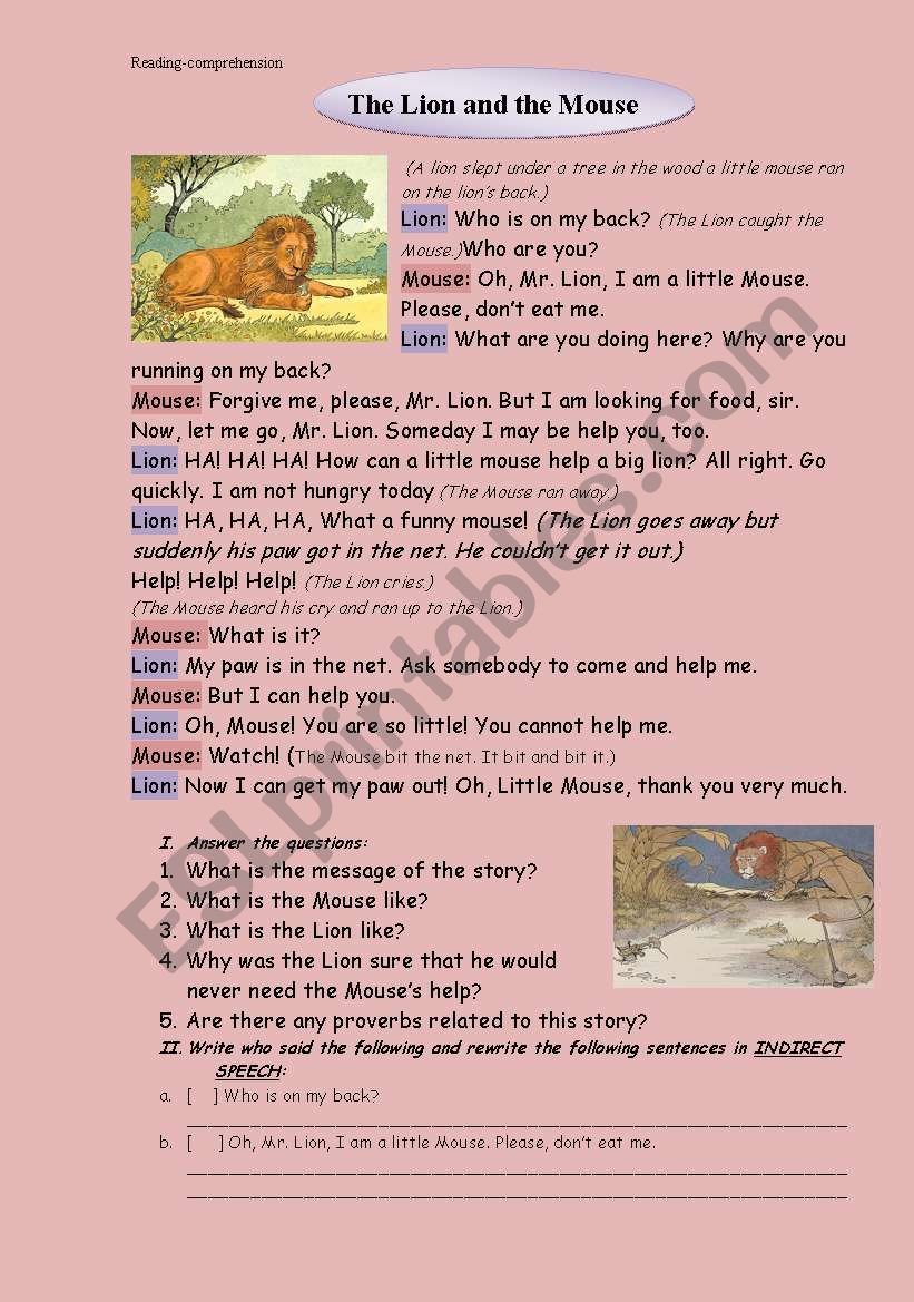 Reading-comprehension, The lion and the Mouse