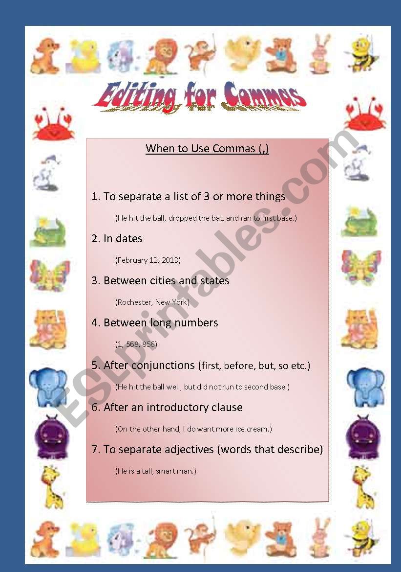 Editing for Commas worksheet