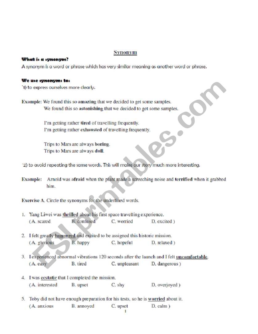 Synonym worksheet