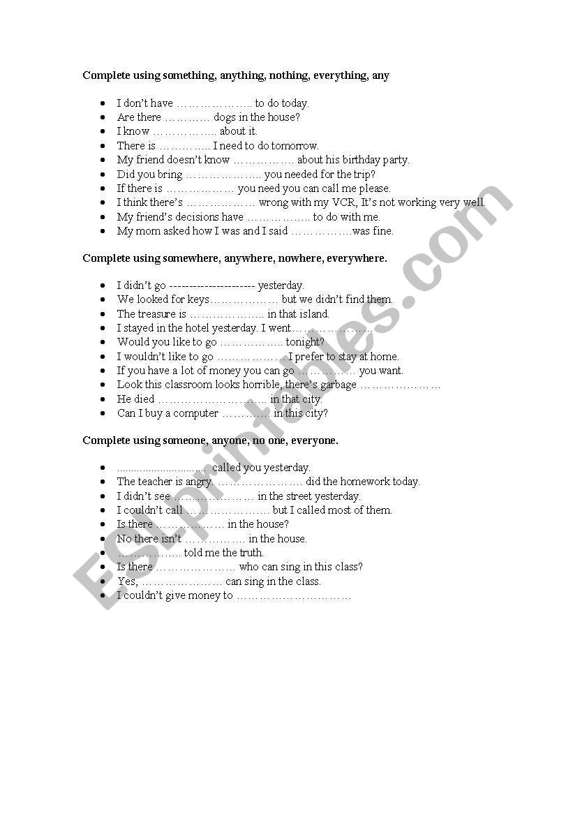 Indefinite Pronouns worksheet