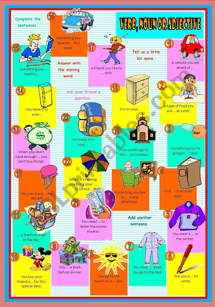 Boardgame: verb, noun or adjective â€¢ grammar â€¢ vocabulary â€¢ speaking â€¢ editable