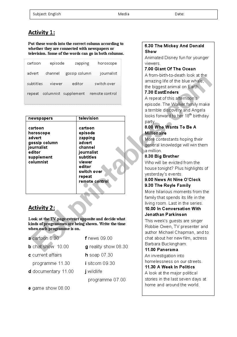 Media worksheet