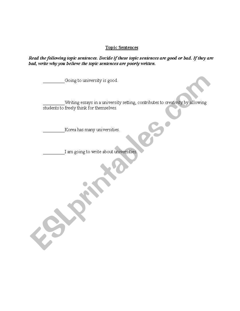 Writing-Topic Sentences worksheet