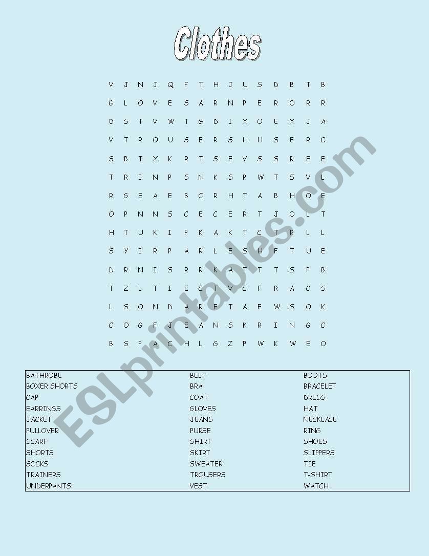 Clothes Wordsearch worksheet