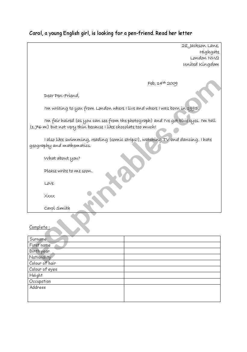 find information in a letter worksheet