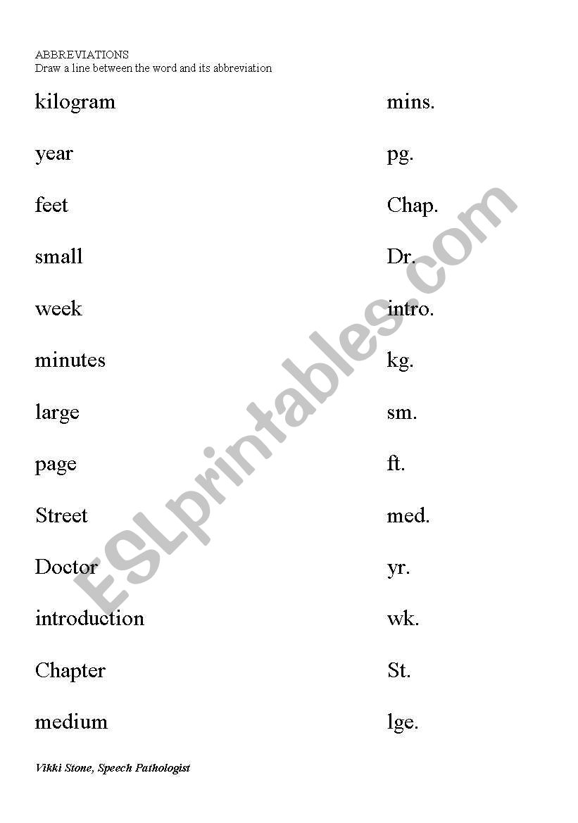 Word-Abbreviation match worksheet