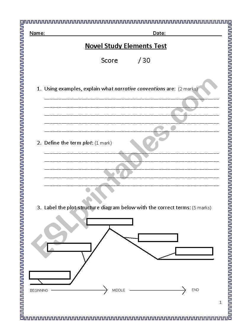 Novel Study Elements Test worksheet