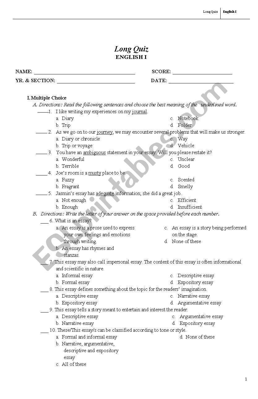 Long quiz about Essay worksheet