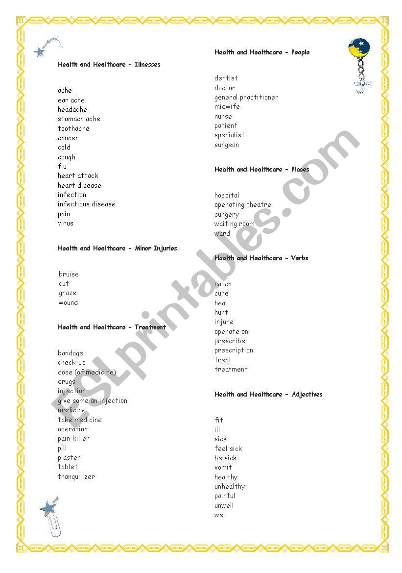 health vocabulary worksheet