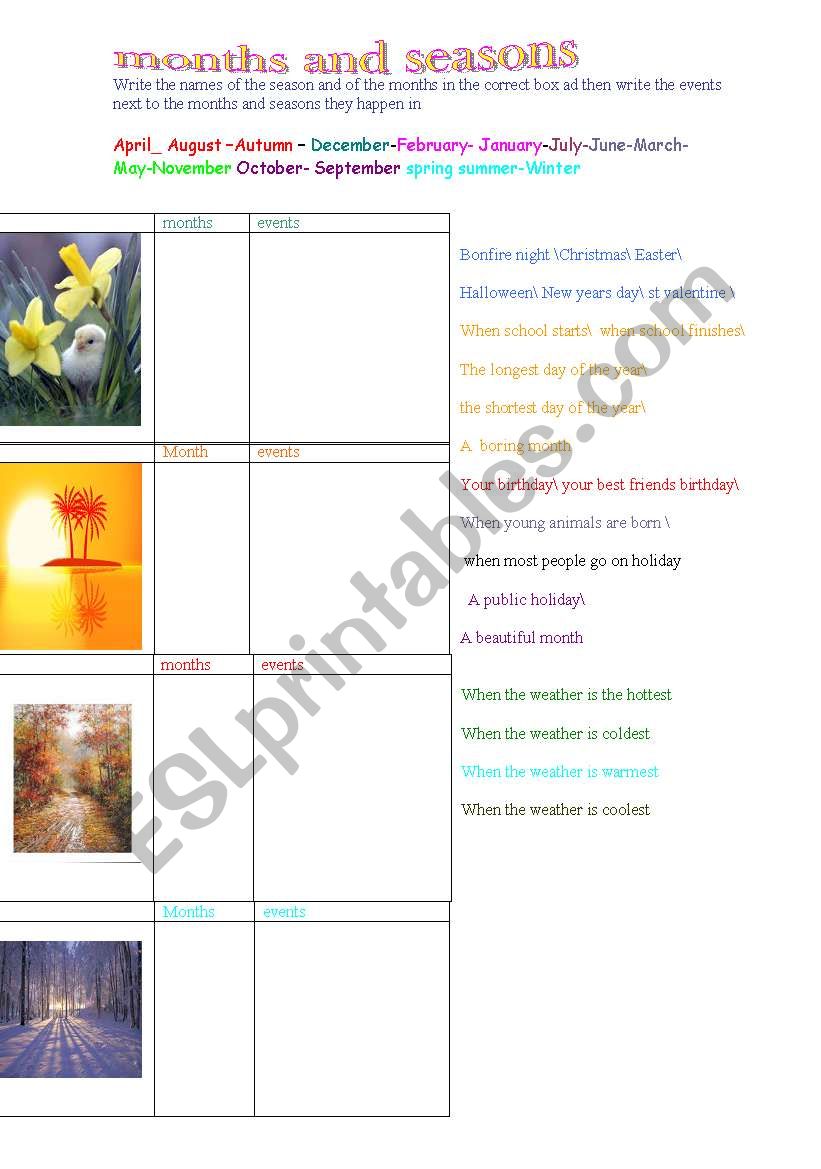  months and seasons  worksheet