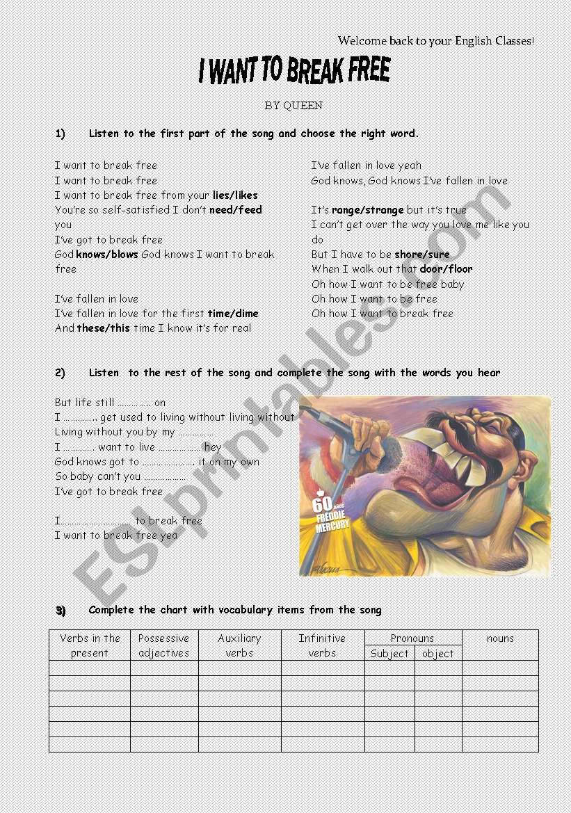 I want to break free by Queen worksheet