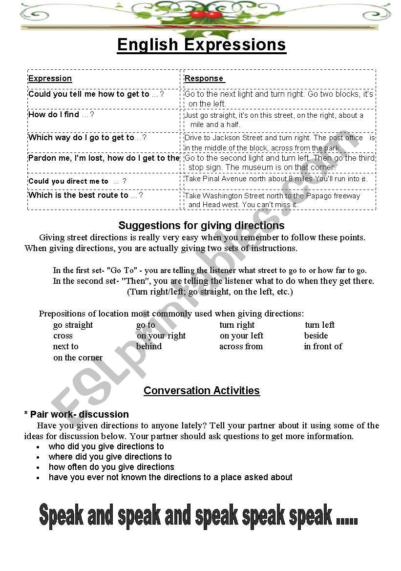 Giving direction worksheet