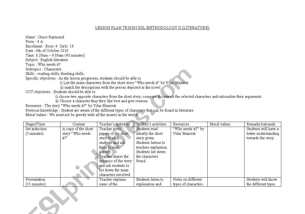 Literature (short story) lesson plan