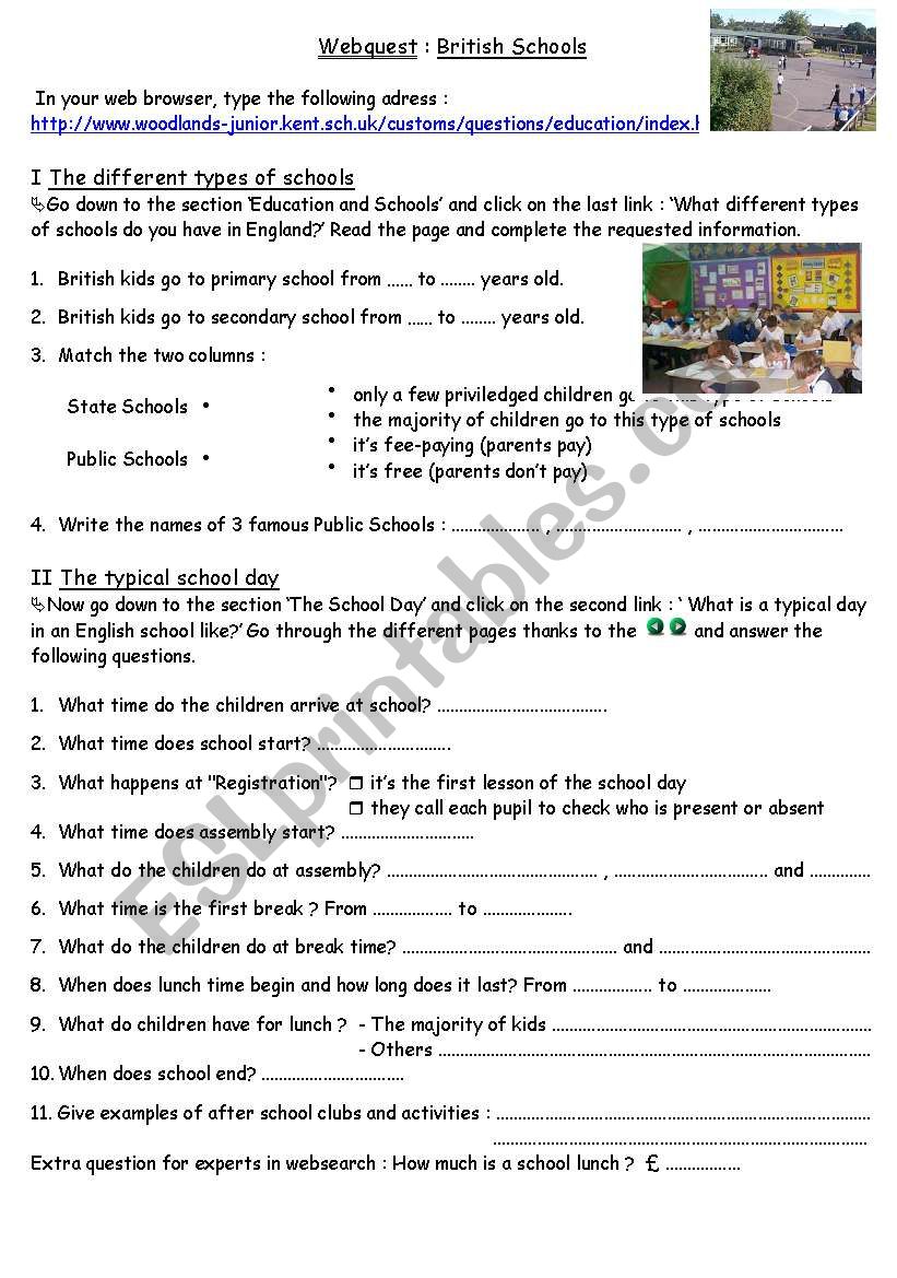 British Schools worksheet