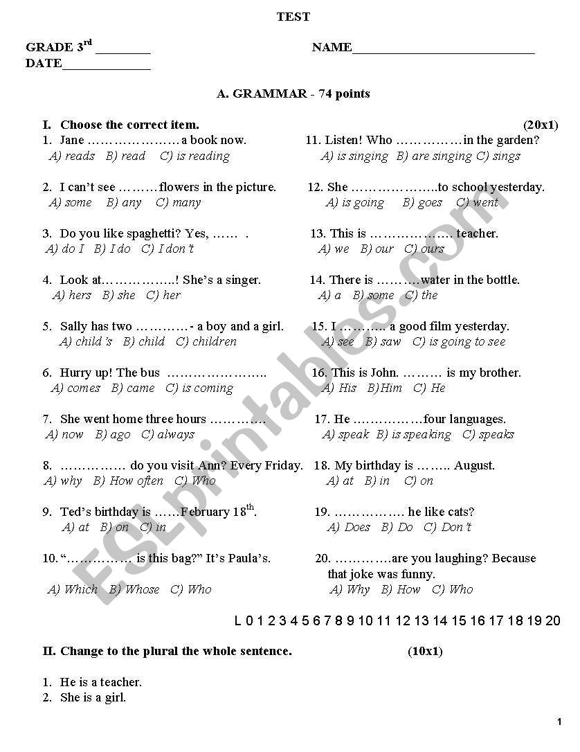 GRAMMAR AND VOCABULARY TEST worksheet