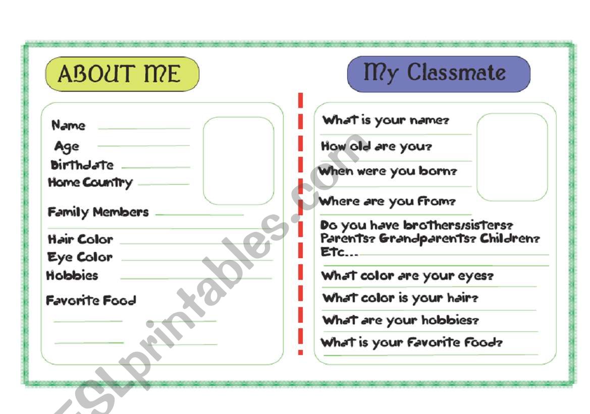 Describe your classmate worksheet