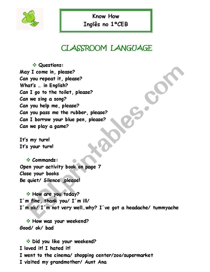Classroom Language worksheet