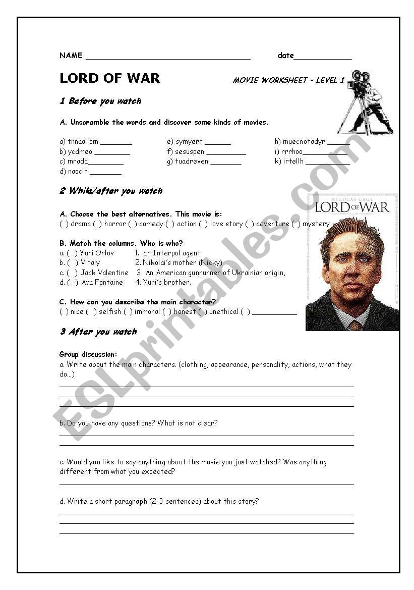 LORD OF WAR worksheet