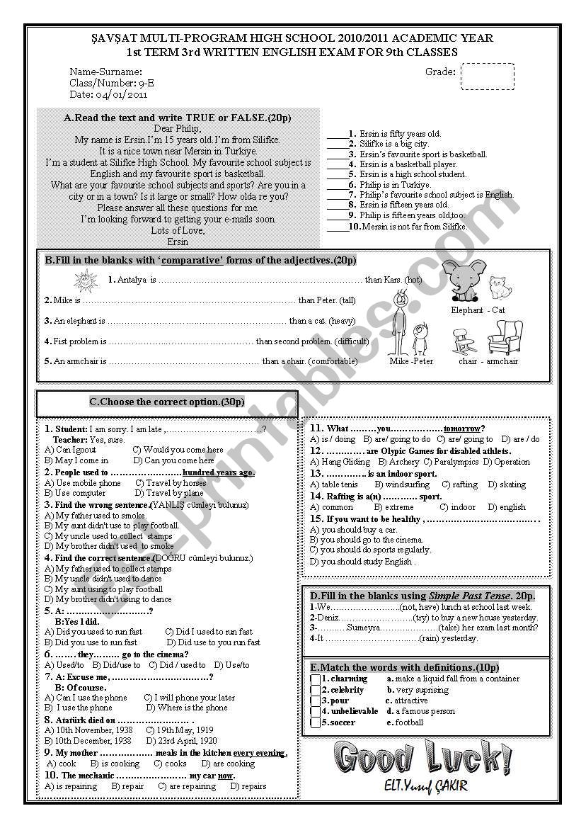 1st Term 3rd Exam for General High Schools in Turkey