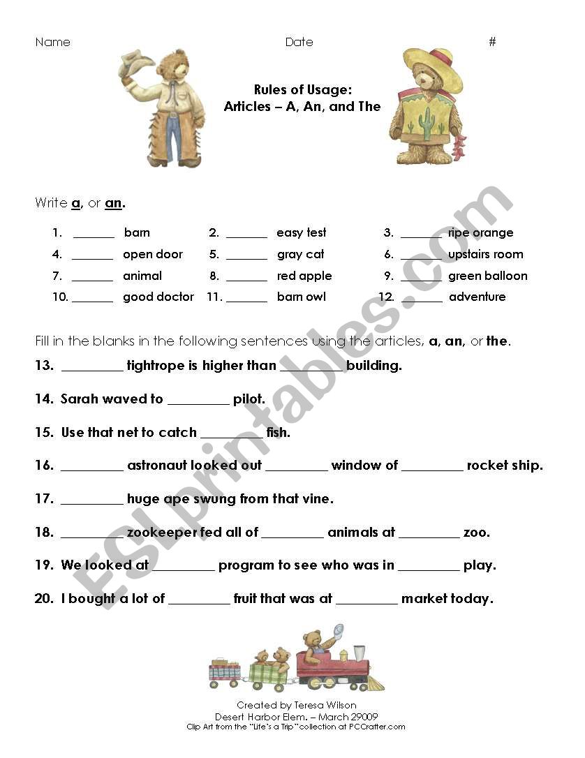 Articles - A, An and The worksheet