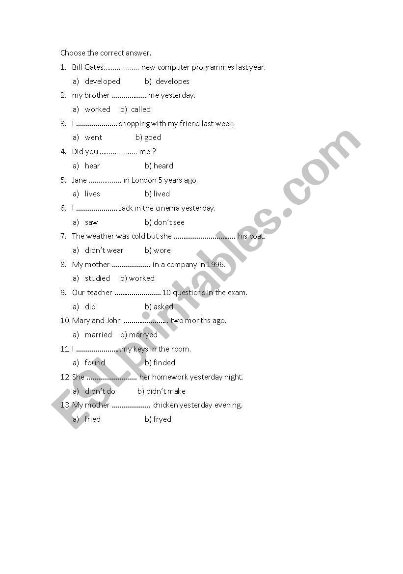 simple past verbs worksheet
