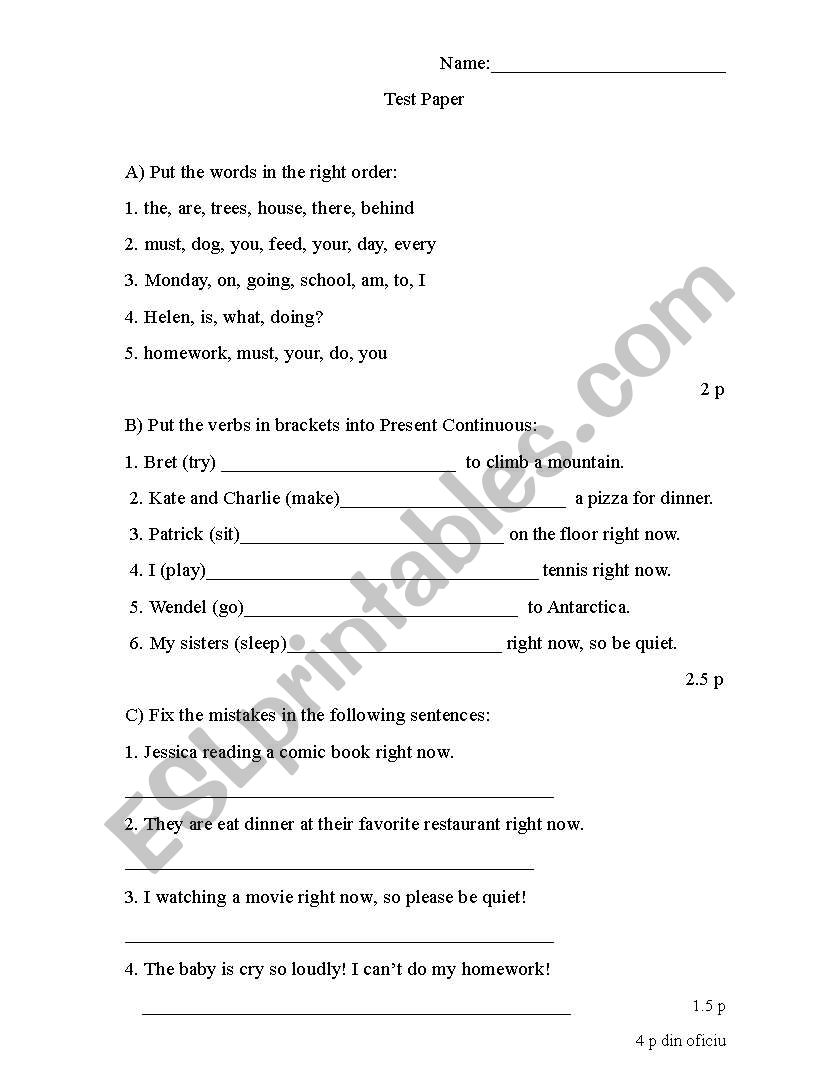 test paper worksheet