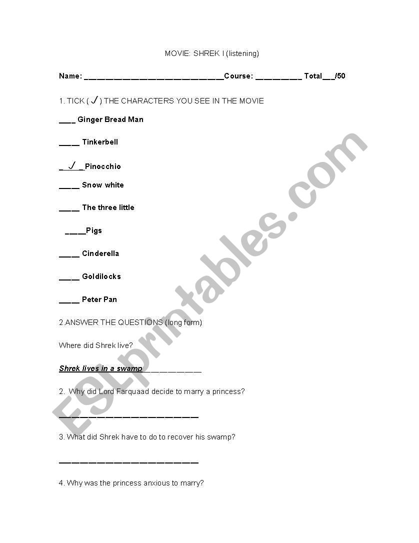 SHERK listening worksheet 1-1 worksheet