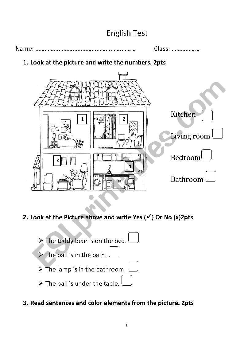 Test : parts of house  worksheet