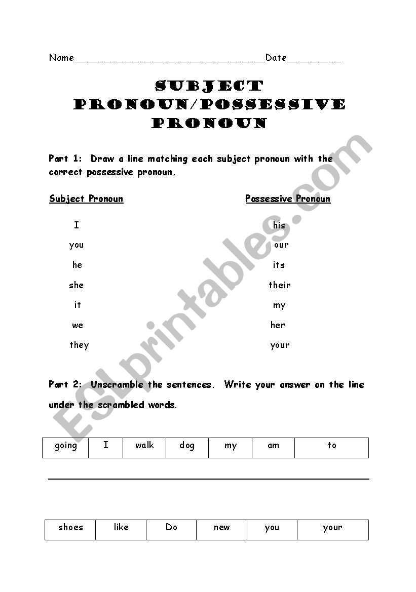 Subject/Possessive Pronouns worksheet