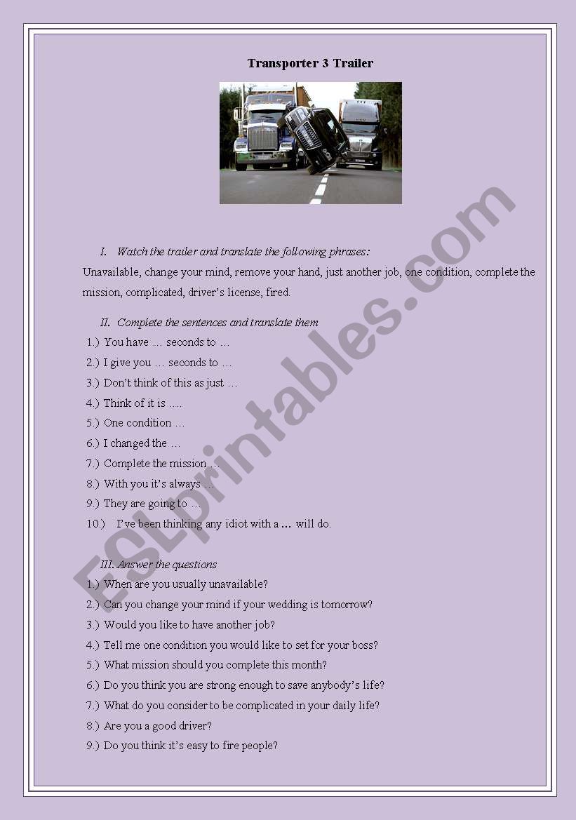 Transporter 3 Trailer  worksheet